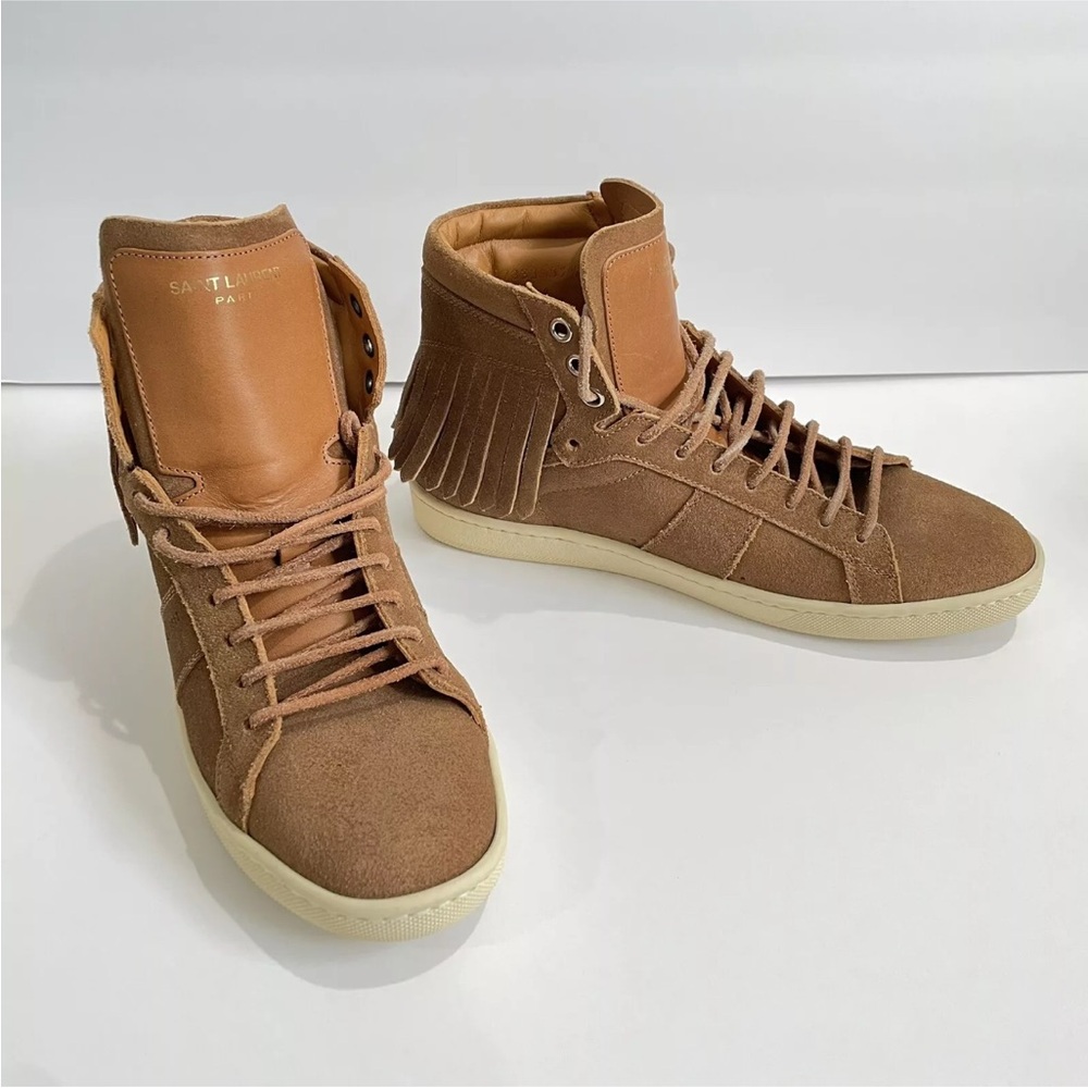 Saint Laurent Brown Suede Fringe Sneakers Womens Size 7.5 High Top Lace Up